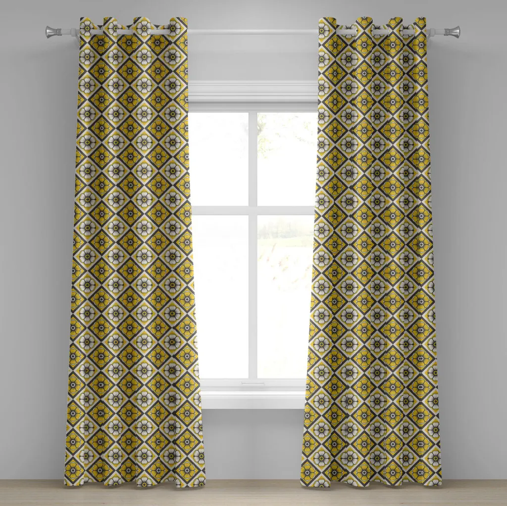 Rideau gris anthracite et jaune fleurs printanières 280x175 à œillets