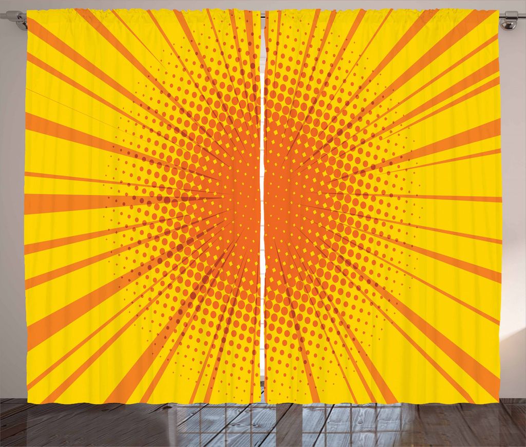 ABAKUHAUS Weinlese-Gelb Rustikaler Vorhang, Retro Sun Burst, Wohnzimmer Universalband Gardinen mit Schlaufen und Haken, 280 x 245 cm, Orange und Gelb