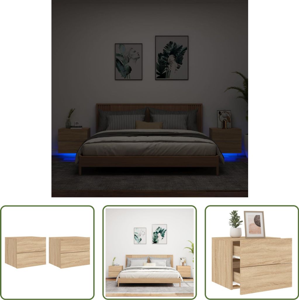 The Living Store Wand-Nachttische mit LED-Leuchten 2 Stk. Sonoma-Eiche