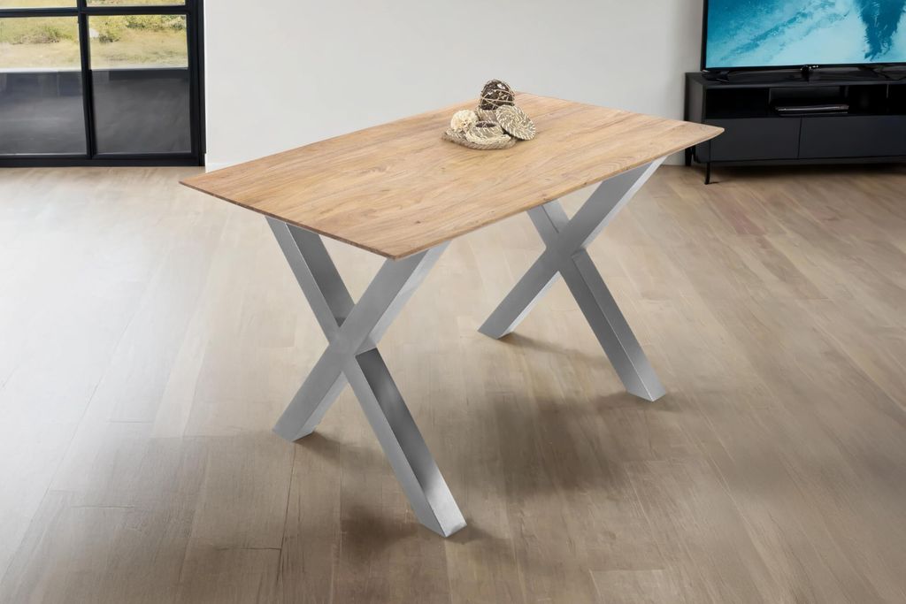 Esstisch 120 x 80 cm Dean, Massivholztisch Eiche, Schweizer Kante, Esszimmertisch mit X-Gestell aus Metall Silber, pflegeleichter Holztisch