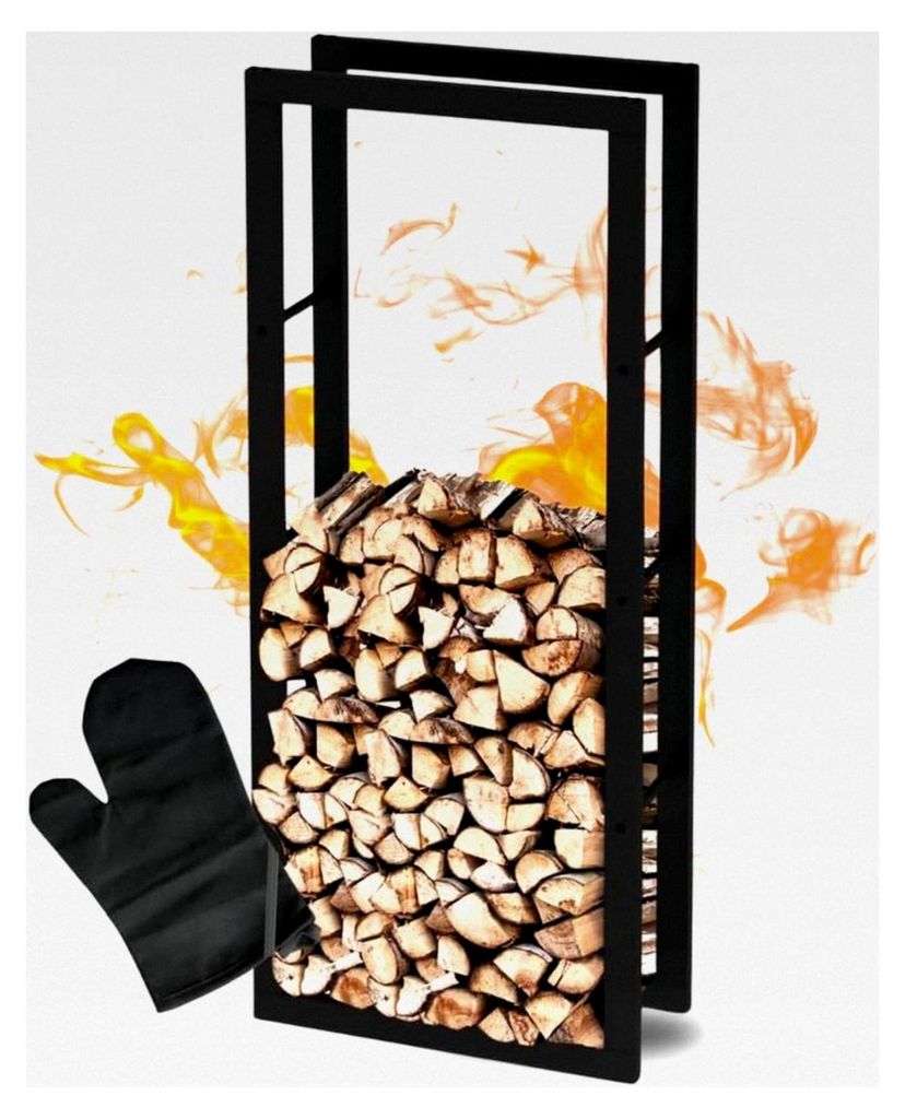Kaminholzregal aus Metall | Schwarz | 60x25x150cm | Inkl. Ofenhandschuh