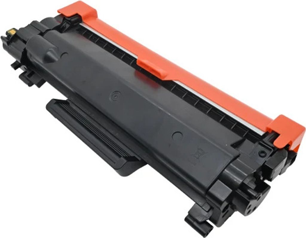 A black and orange toner cartridge is shown from a diagonal angle against a white background.