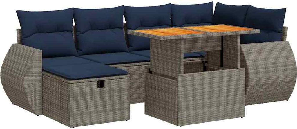 vidaXL 7-tlg. Garten-Sofagarnitur mit Kissen Braun Poly Rattan Akazie