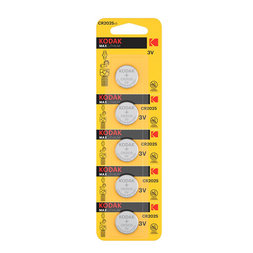 A blister pack of Kodak Max Lithium CR2025 3V coin cell batteries.