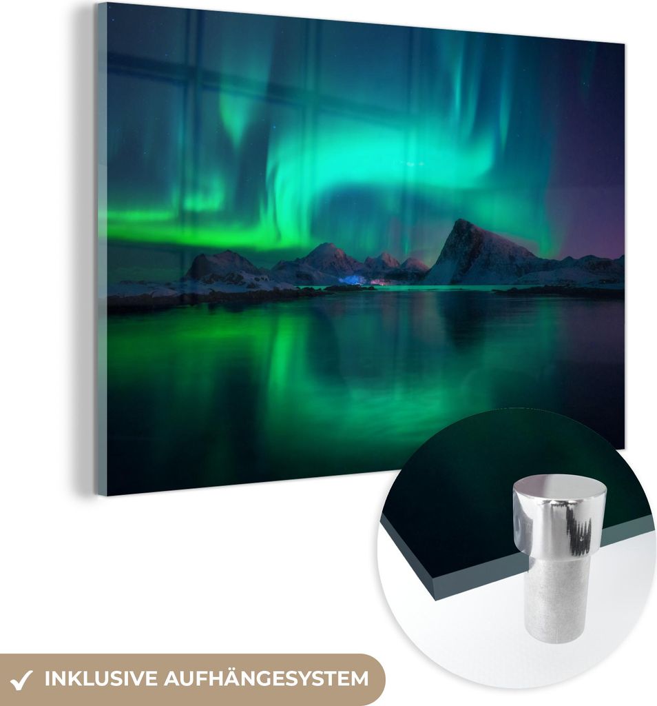 MuchoWow Glasbilder - Bilder auf Wandbild - Foto auf Glas Nordlichter - Berge - Norwegen 60x40 cm Wanddekoration aus Glas - Acrylglasbild - Acrylbi...