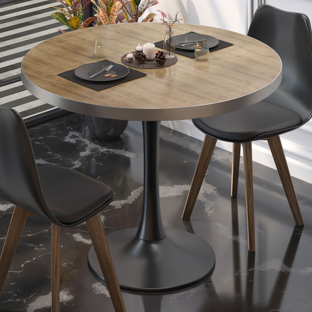 BL | Bistrotisch | Ø:H 80 x 76 cm | Edelstahl Rand | Eiche / Schwarz | Rund | Bistrotisch Gastro Tisch