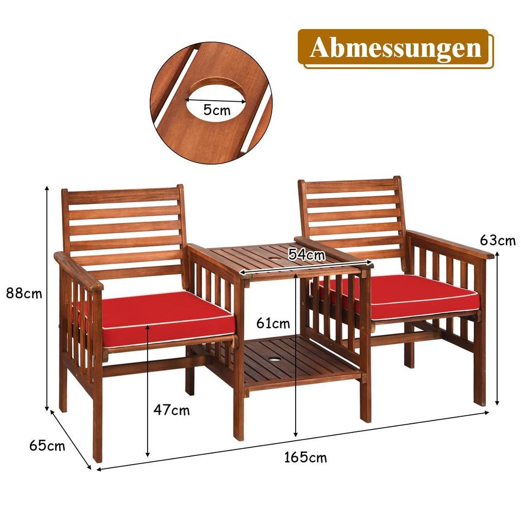 GOPLUS Gartenbank mit Tisch, 2 Sitzer Holzbank mit Schirmloch & Sitzkissen, Sitzbank Outdoor aus Akazienholz, Balkon Bank wetterfest, Braun+Rot