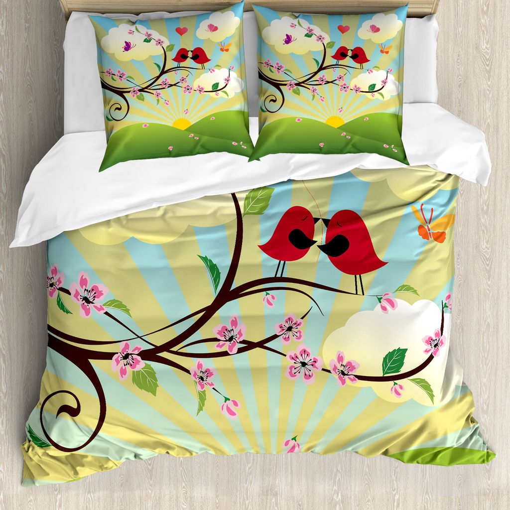 ABAKUHAUS Blumen-Landschaften Bettbezug Set für Einzelbetten, Vögel auf einem Baum, Milbensicher Allergiker geeignet mit Kissenbezug, 155 cm x 22...