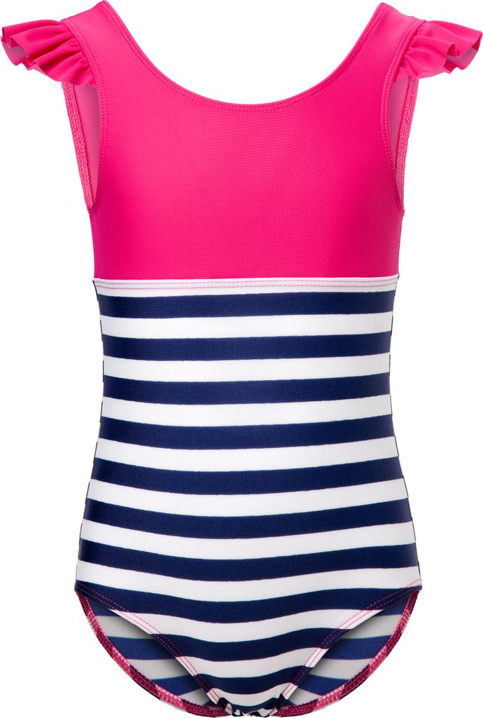 Mädchen Badeanzug schnelltrocknend einteilig UV 50 MS10-443 (Rosa/Marineblau/Streifen, 104)