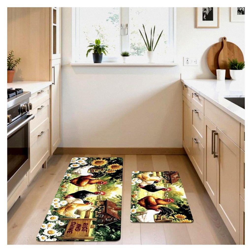 Teppich- und Matten-Set im Bauernhaus-Stil, Chook Sonnenblume Huhn, rutschfest und waschbar, 76x43cm / 120x43cm
