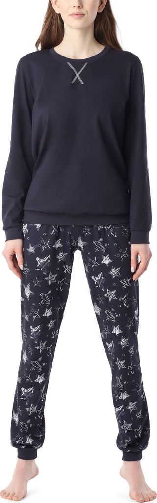 Merry Style Damen Schlafanzug Zweiteiler lang Pyjama Langarm Lange Hose mit Muster MS10-168 (Marineblau (Silberne Sterne), L)