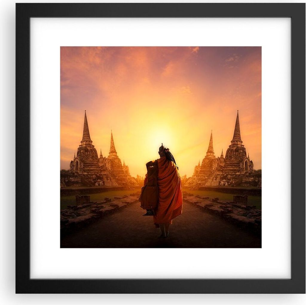 Gerahmtes Poster - Schwarzer Rahmen - Tempel Mönch - 30x30 cm - Wand Bild - Wanddeko - Wandbilder - Kunstposter - Wandposter - Bilderrahmen - Bild...
