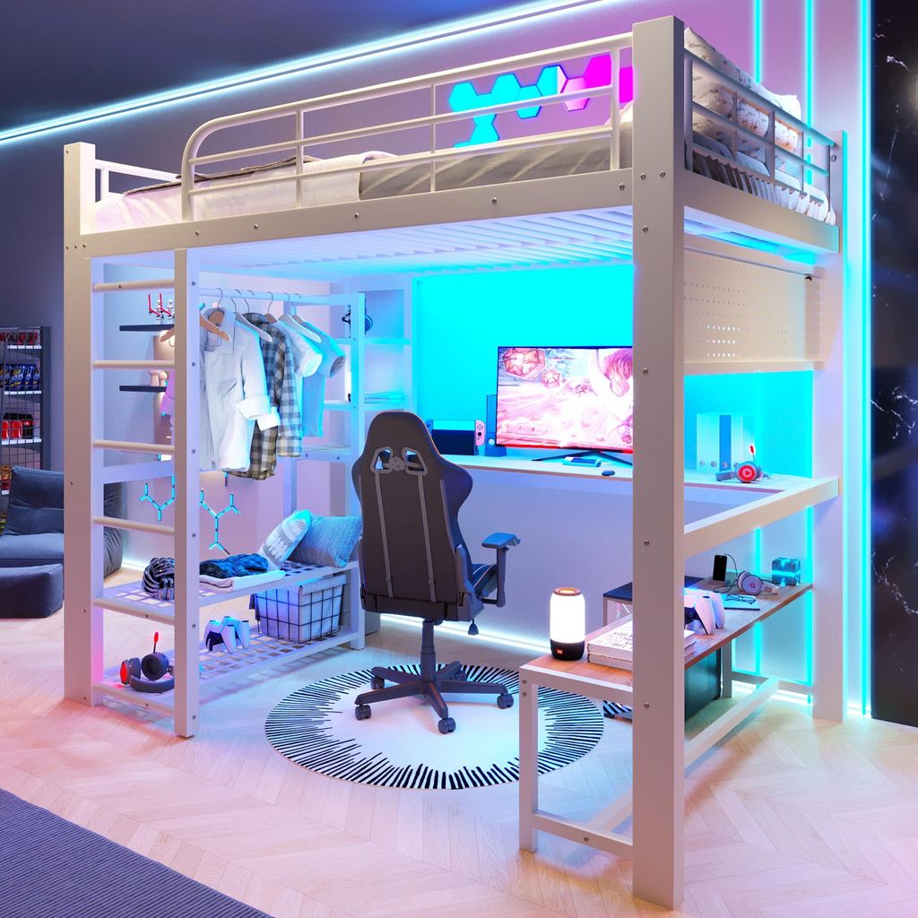 Flieks Etagenbett 140x200cm mit Led, Kinderbett Jugendbett mit Schreibtisch und Kleiderstange, Hochbett Doppelbett mit Ablage und Lattenrost, Weiß
