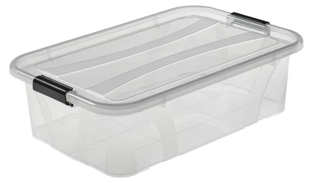 A clear plastic storage box with black latches is shown from a slightly elevated side angle on a white background.