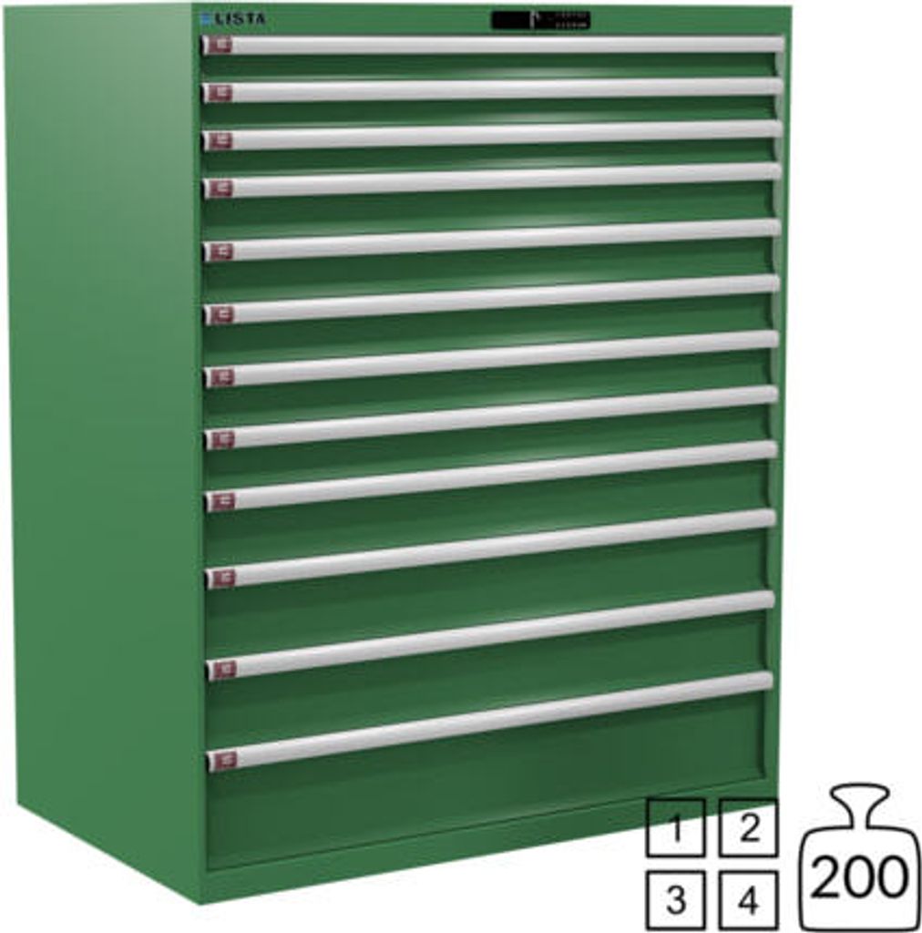 Lista Schubladenschrank - 78.843.030 - 1.450x1.193x725 mm (HxBxT) - 12 Schubladen - 200 kg - Code Lock - resedagrün (RAL 6011)