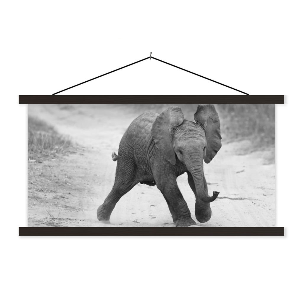 MuchoWow Textilposter Elefant - Baby - Tiere - Kröte - Schwarz und weiß 60x30 cm mit schwarzem Rahmen - Textilien
