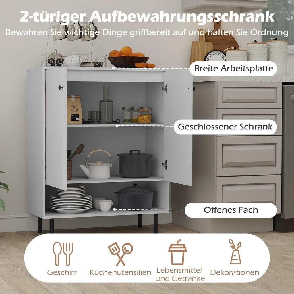 Buffet blanc anti-encombrement cuisine avec 2 portes et rayons réglables