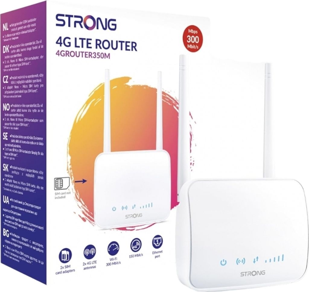 The image shows the packaging of a STRONG 4G LTE router, with the router itself also visible.