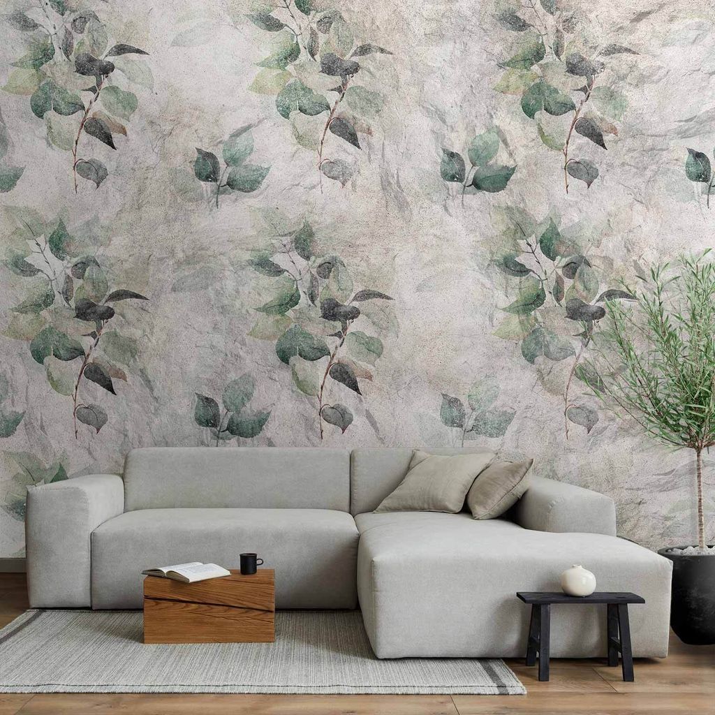 Vlies Fototapete - Statue of nature - plant motif with green leaves with grey patterns 250x175 cm Blätter b-A-10154-a-a