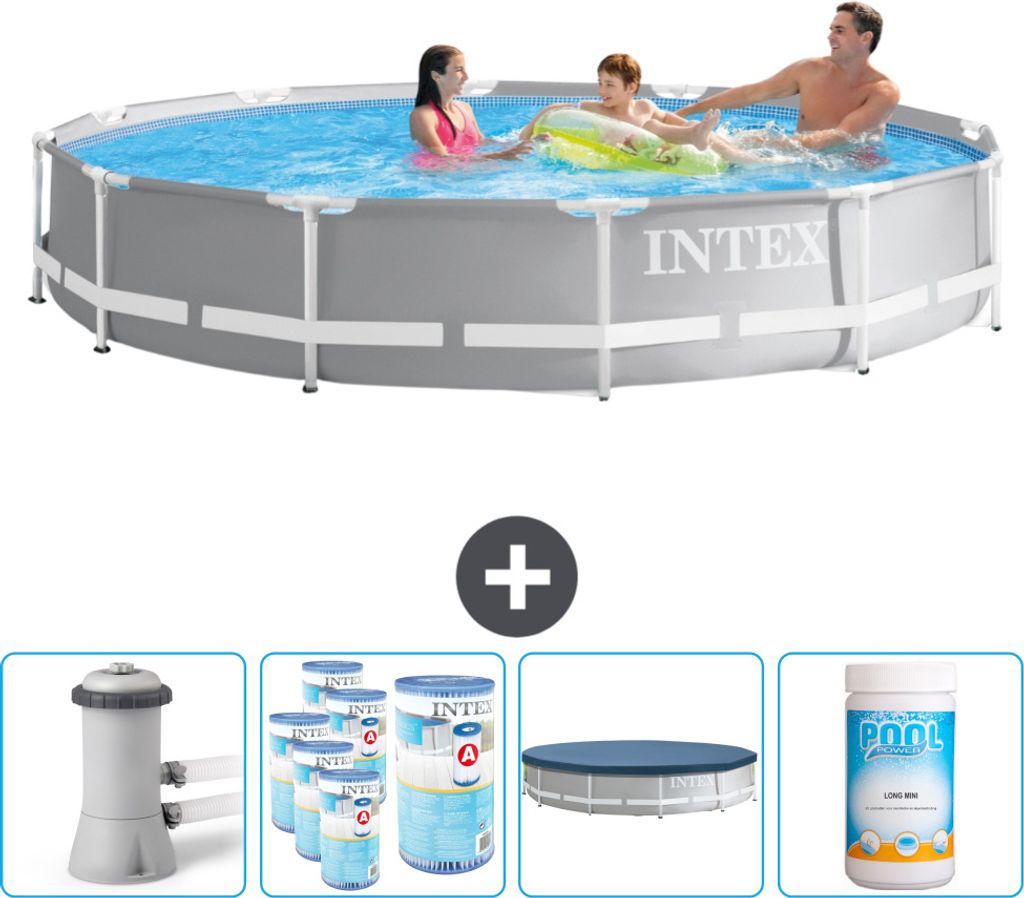 Intex Round Prism Frame Swimming Pool – 366 x 76 cm – Grau – inklusive Pumpe Filter - Abdeckung - Chlor