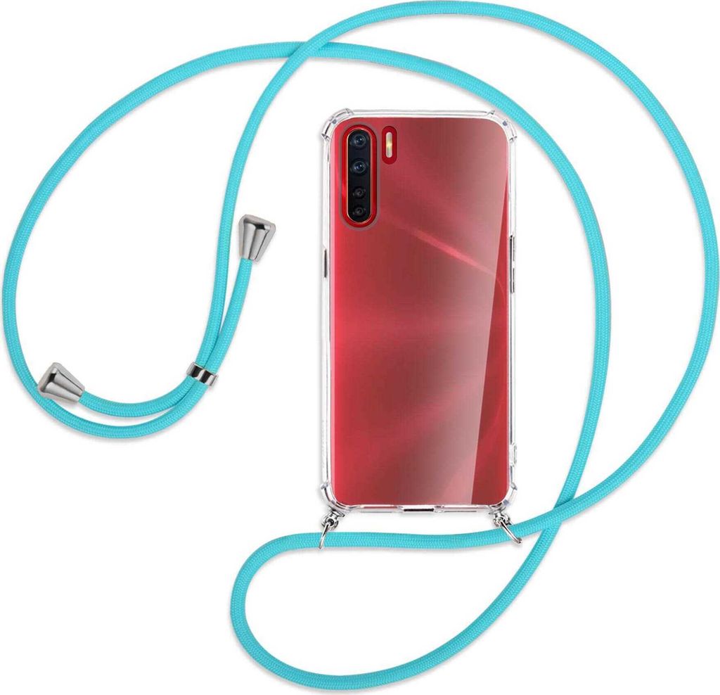 Handykette Backcover-Schutzhülle mit Band (Metall silberfarben) für Oppo A91 / F15 / Reno3 - türkis