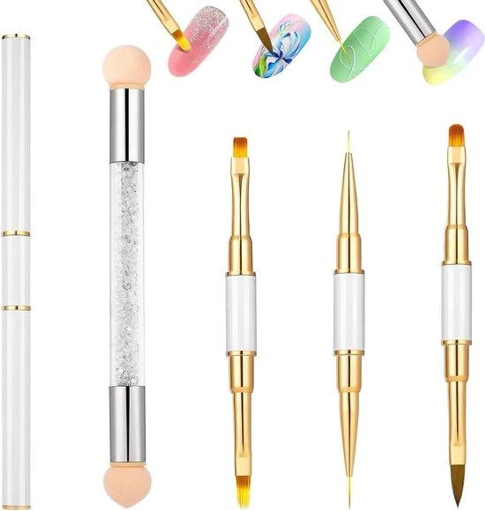 Set de pinceaux pour ongles double pointe et éponge nail art 5 pièces
