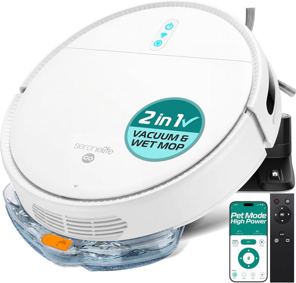 SereneLife Saugroboter mit Wischfunktion, 700Pa- Saugroboter, Staubsauger Roboter für Tierhaare/Hartböden/Teppich, Wischroboter mit APP Steuerung