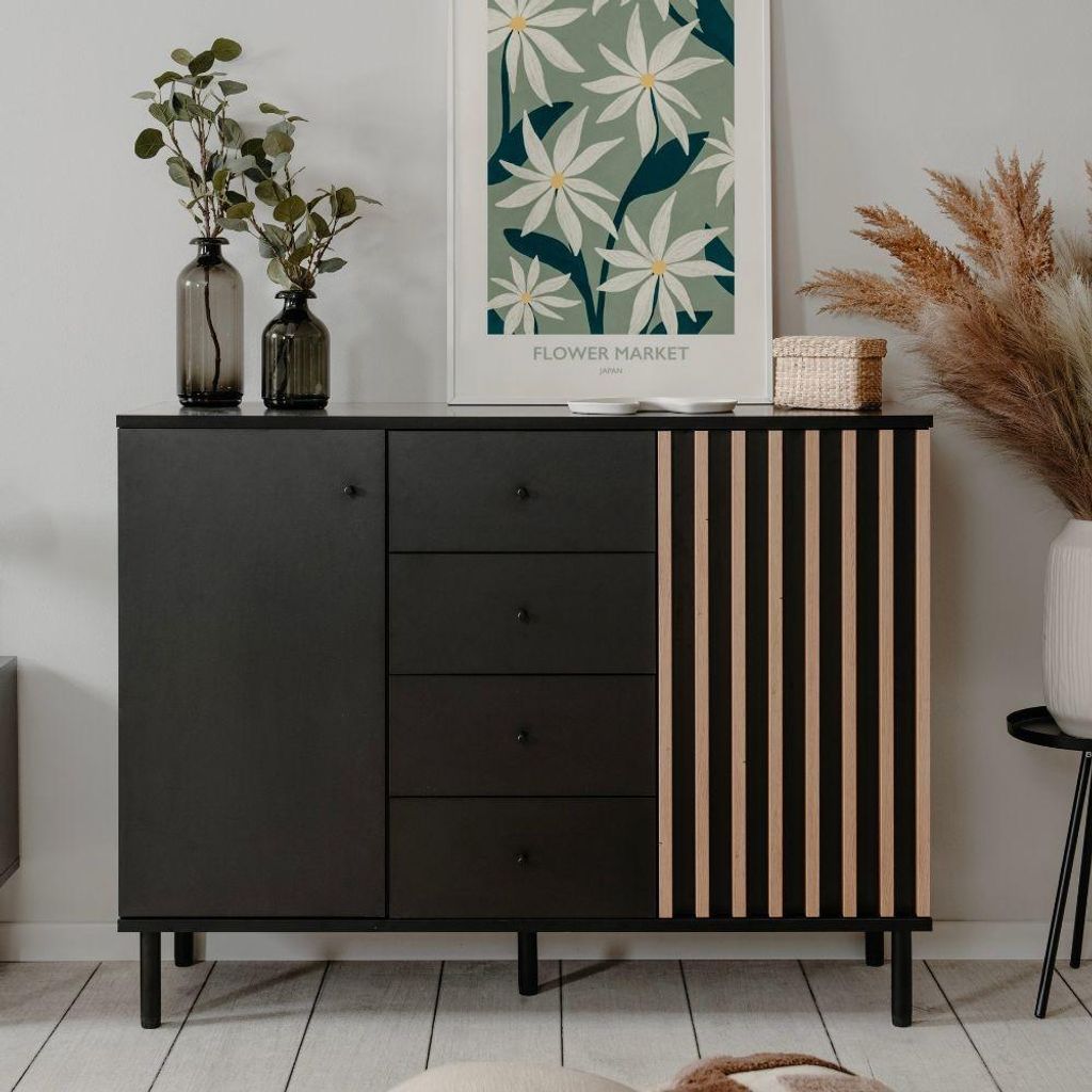 Madia moderna 2 ante e 4 cassetti nero con listelli rovere Immagine del prodotto 