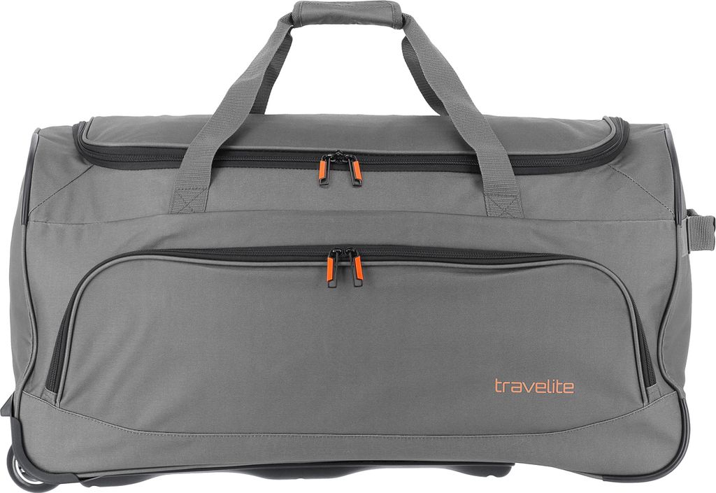 A grey travel duffel bag with wheels and orange zipper pulls, shown from the front.