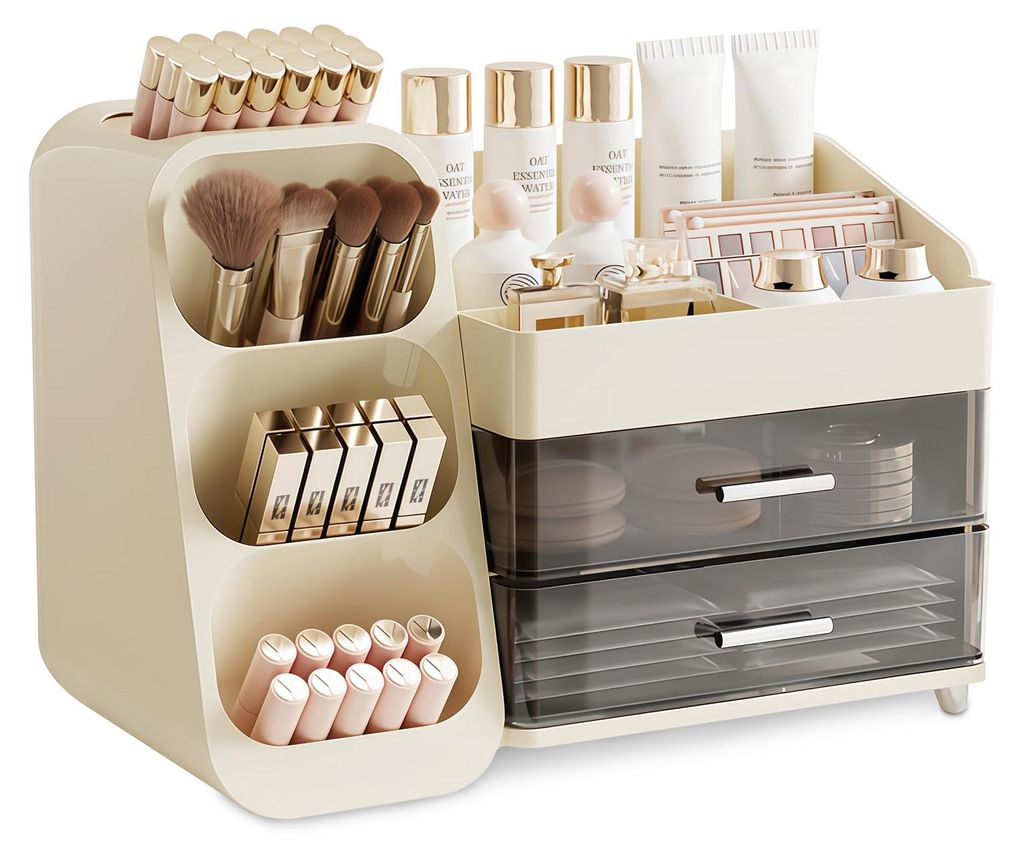 Make-up-Organizer mit 2 Schubladen, 3-in-1 Multifunktions-Organizer für Schminktisch, Pinselhalter, Kosmetik-Organizer für Badezimmer und Schlafz...