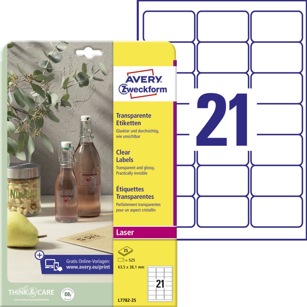 Avery Zweckform L7782-25 Transparente Etiketten, A4, 63,5 x 38,1 mm, 25 Bogen/525 Etiketten, transparent