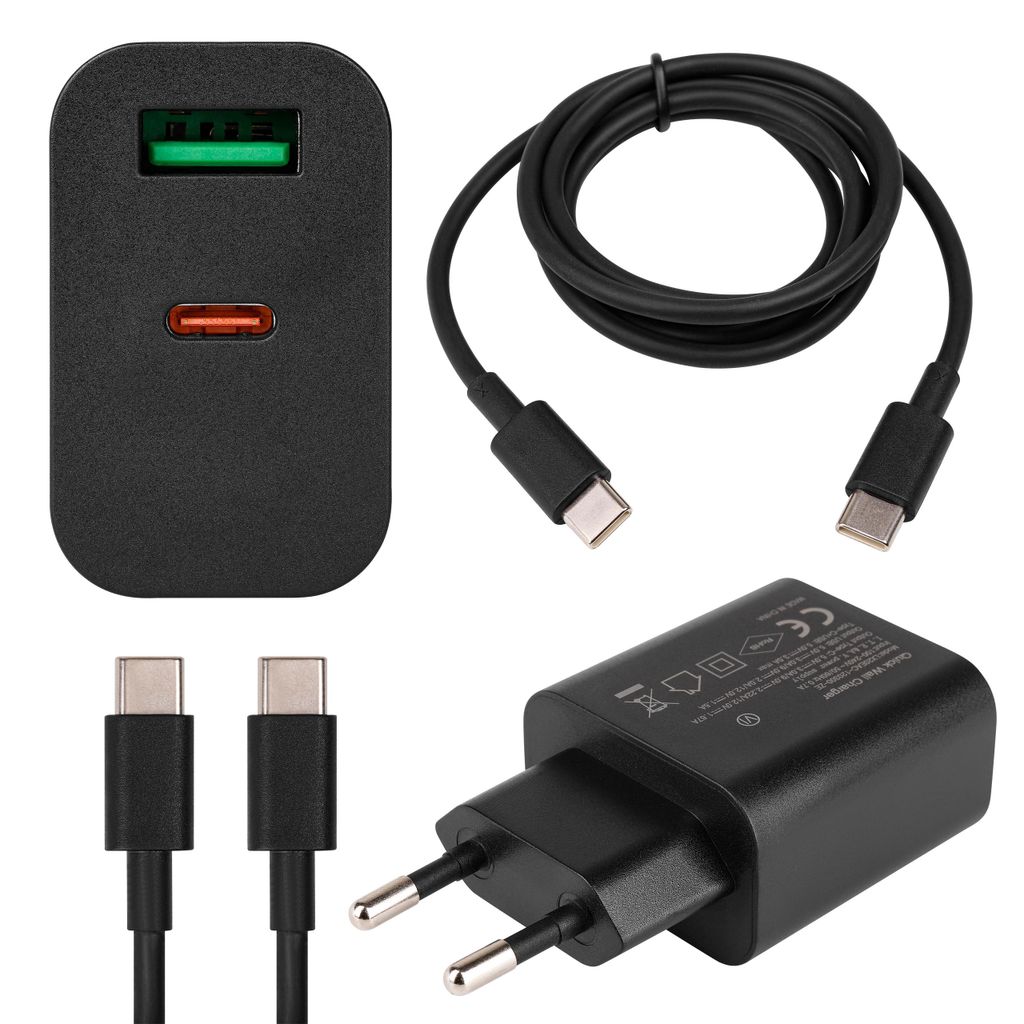 20W USB C Schnellladegerät Set inkl. 1m Ladekabel Dual Port Adapter USB-A PD Quick Charge Netzteil Schwarz