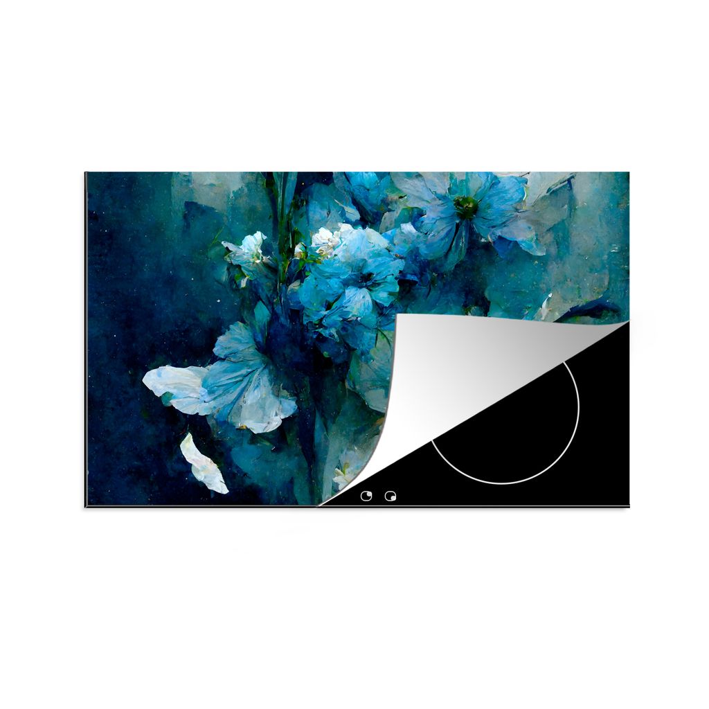 KitchenYeah Herdabdeckplatte Blumen - Blumenstrauß - Farbe - Blau , 91x52cm, Küche Deko, Glaskeramikfeld Herdabdeckung, Abdeckplatte fùr Kochfeld