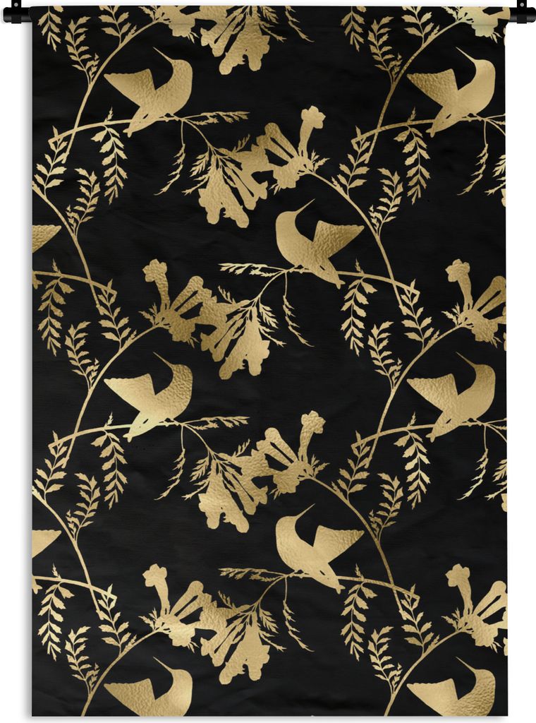 MuchoWow Wandteppich Wandbehang Muster - Vögel - Gold 60x90 cm Tapisserie Dekoration Wandtuch - Foto-Teppich - Abwaschbar