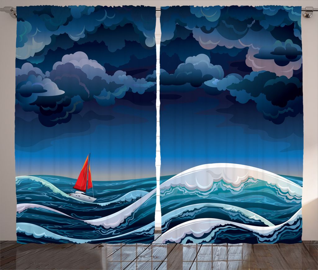 ABAKUHAUS Dunkelblau Rustikaler Gardine, Nacht Seascape Boot, Schlafzimmer Kräuselband Vorhang mit Schlaufen und Haken, 280 x 245 cm, Petrol Blau ...