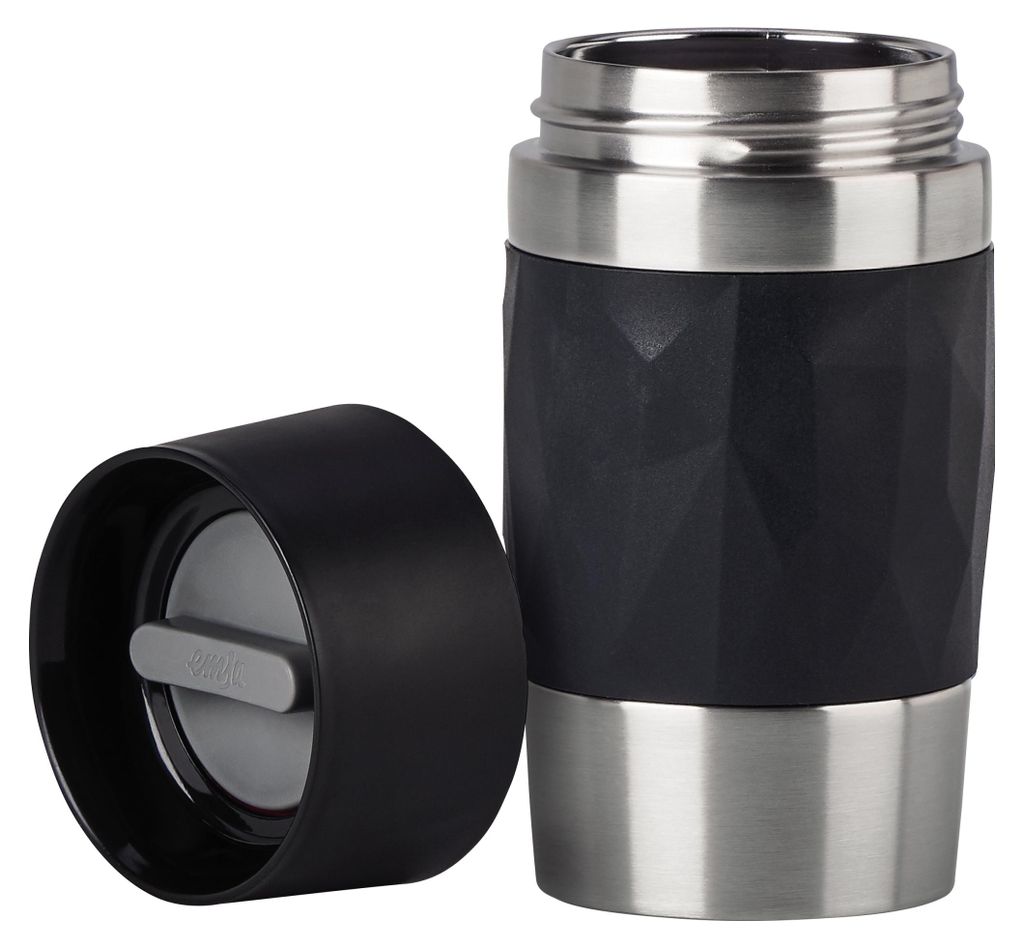 A black and silver travel mug with its lid off, shown against a white background.