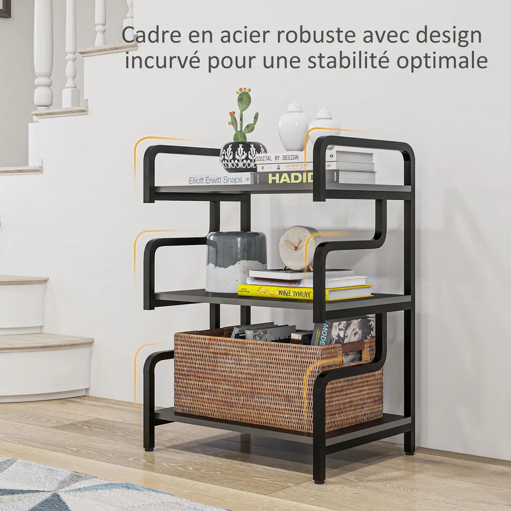 HOMCOM Support d'Imprimante Noir à 3 Niveaux en Bois et Métal 55x40x77cm