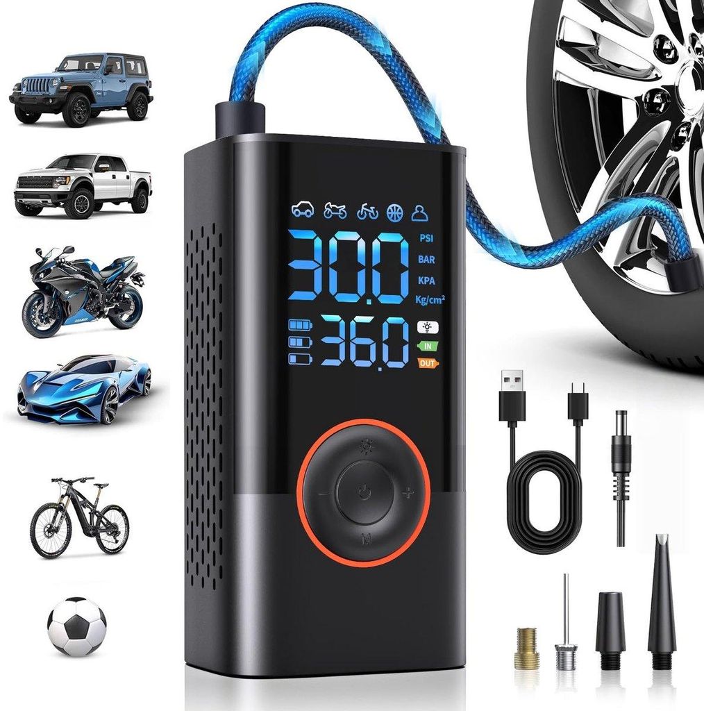 Kompressor Luftpumpe – Tragbare elektrische Reifenpumpe mit 4000 mAh Akku, für Fahrrad, Auto, Motorrad, Ball & Luftbett