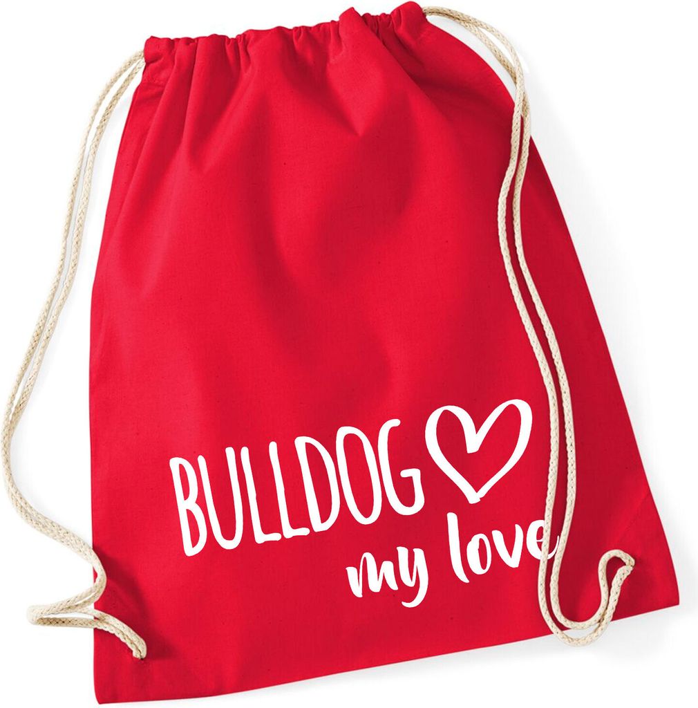 Huuraa Turnbeutel Bulldog my love 12 Liter Classic Red Baumwolle Rucksack Geschenkidee