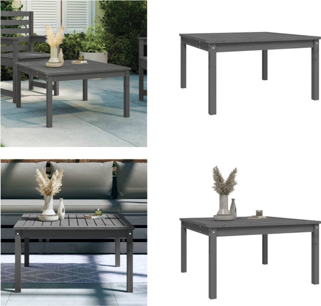 A collage of images showing a grey wooden coffee table from different angles and settings.