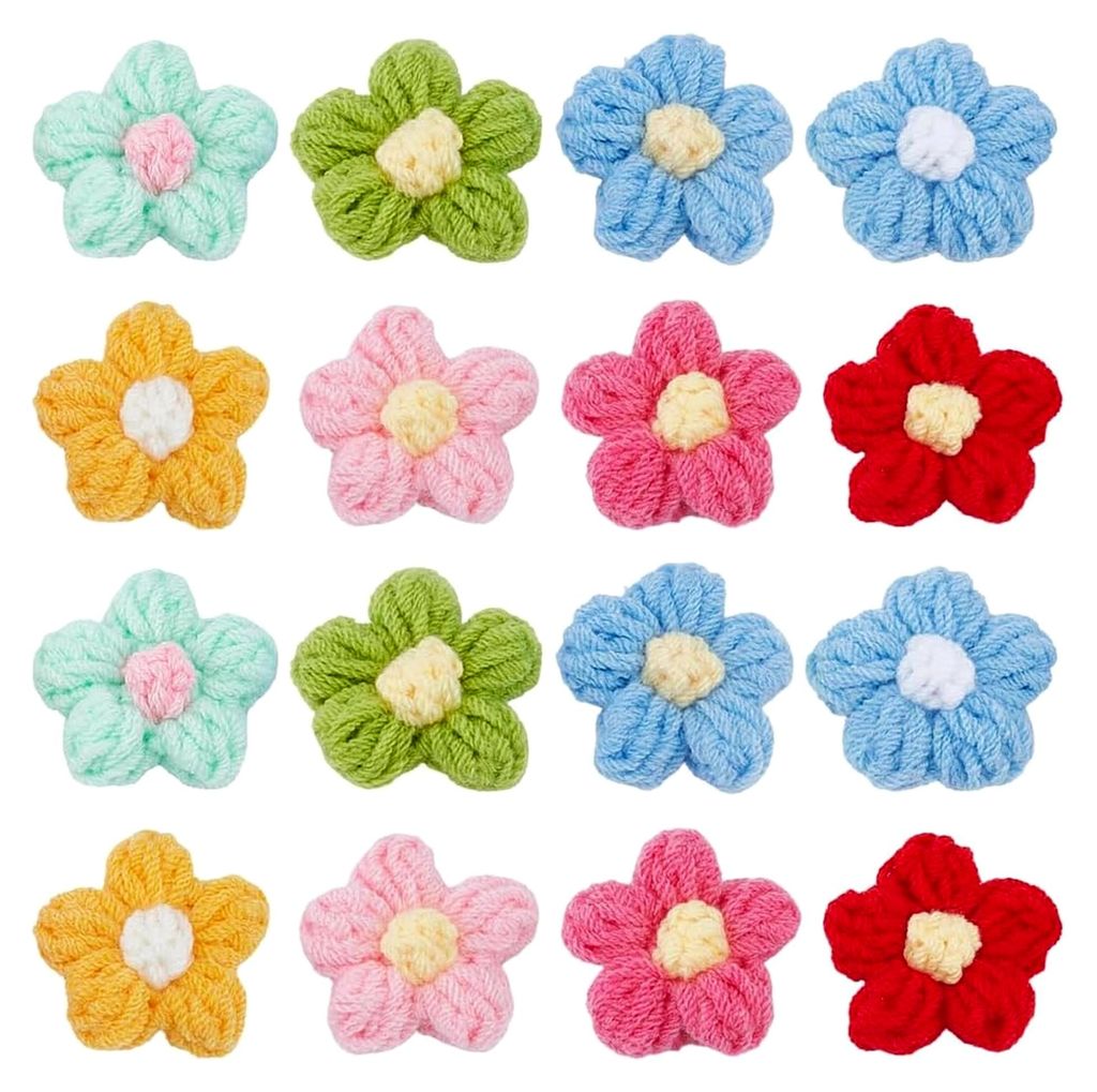 48 Stück Bunte Häkelblumen Applikationen in 8 Farben aus Strickgarn