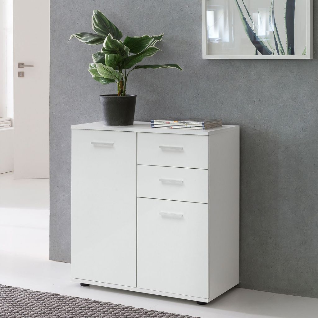Kommode mit Türen & Schubladen 71x78x35,5cm Schrank Holz Weiß, Flurschrank hell modern, Mehrzweckschrank klein, Anrichte Sideboard matt, Kommoden...