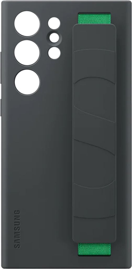 The back of a dark gray Samsung Galaxy S23 Ultra phone case with a green strap attached.