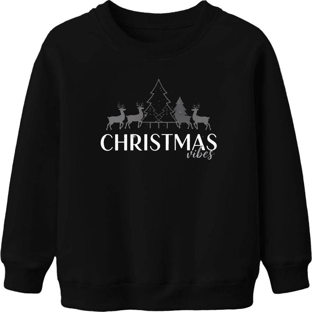 CHRISTMAS vibes Weihnachten Rentiere Tannenbaum Schneeflocken Uni Kinder Sweatshirt Pullover, Schwarz, 116