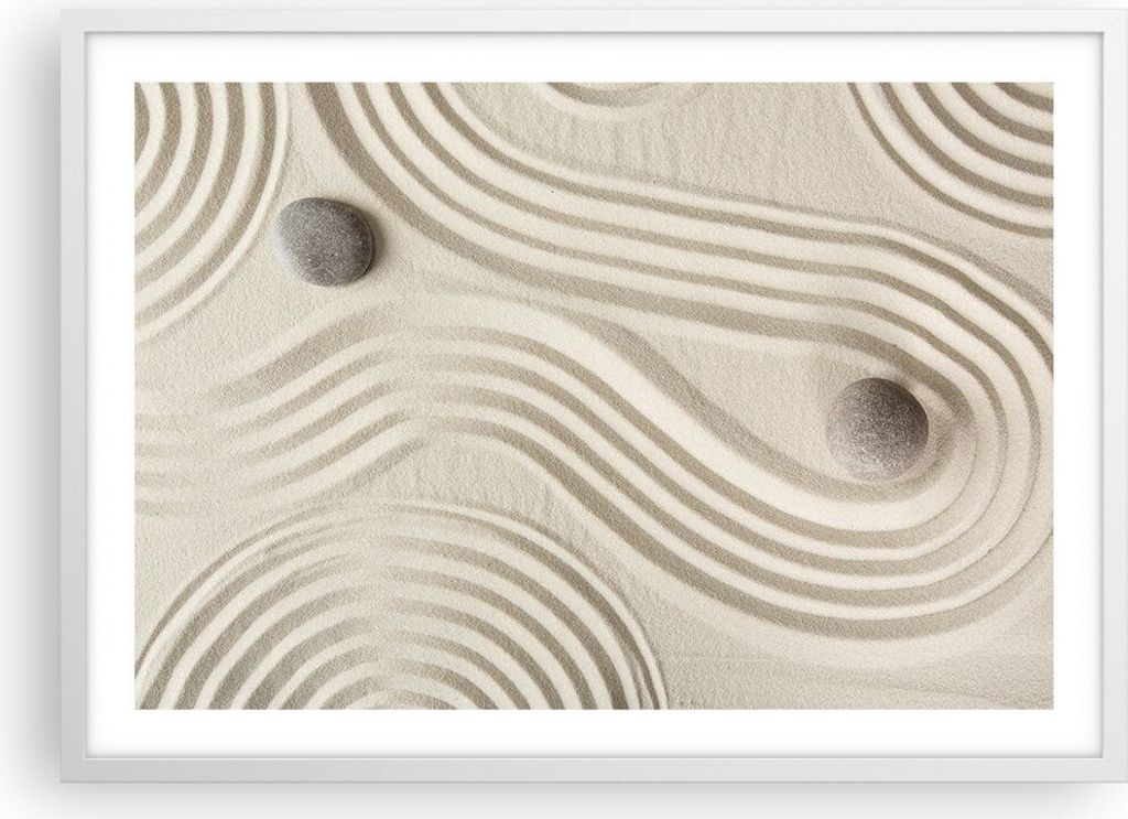 Gerahmtes Poster - Weißer Rahmen - Steine Figuren Sand - 70x50 cm - Wand Bild - Wanddeko - Wandbilder - Kunstposter - Wandposter - Bilderrahmen - ...