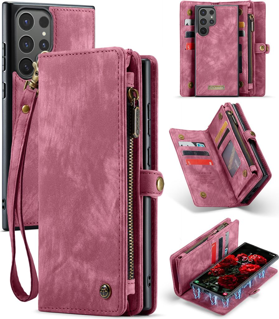 Schutzhülle für Samsung Galaxy S25 Ultra, Vintage Multifunktions Lederhülle, Kartenfächer, Reißverschluss Hülle Rot