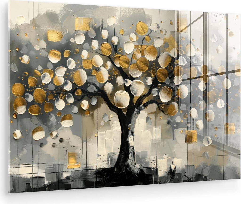 MuchoWow Glasbilder - Bilder auf Wandbild - Foto auf Glas Baum - Abstrakt - Beige - Gold - Schwarz 30x20 cm Wanddekoration aus Glas - Acrylglasbild...