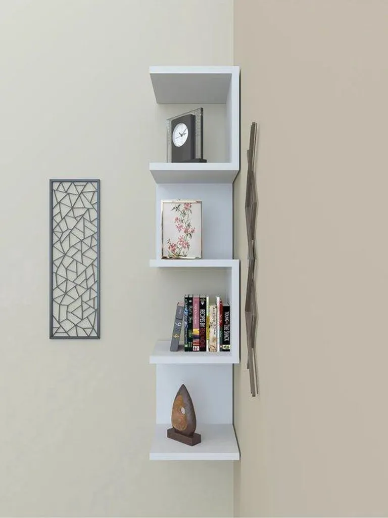 Étagère murale d'angle zigzag avec 5 tablettes en MDF blanc 23x23x111cm