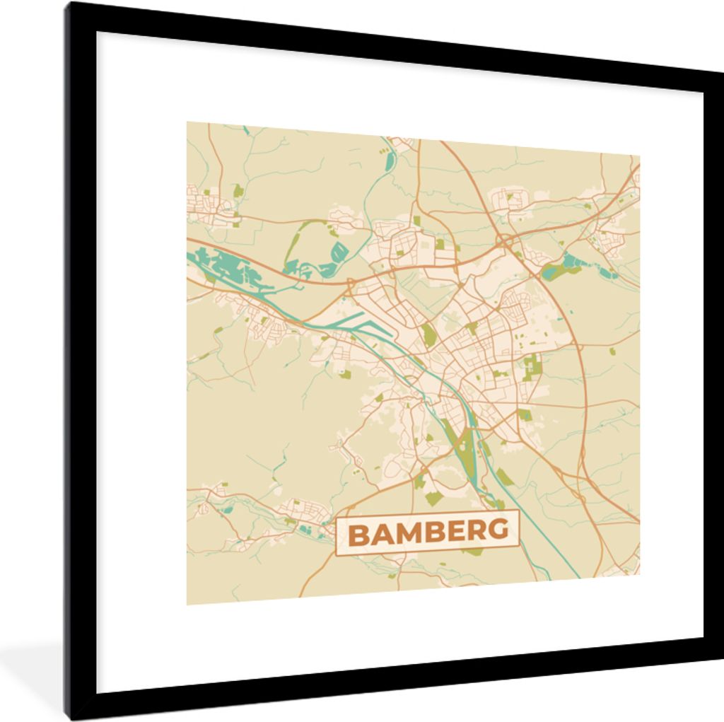 MuchoWow Gerahmtes Poster Karte - Bamberg - Karte - Stadtplan - Vintage 40x40 cm - Poster mit Schwarzem Bilderrahmen Wandposter Rahmen Foto Bilde...
