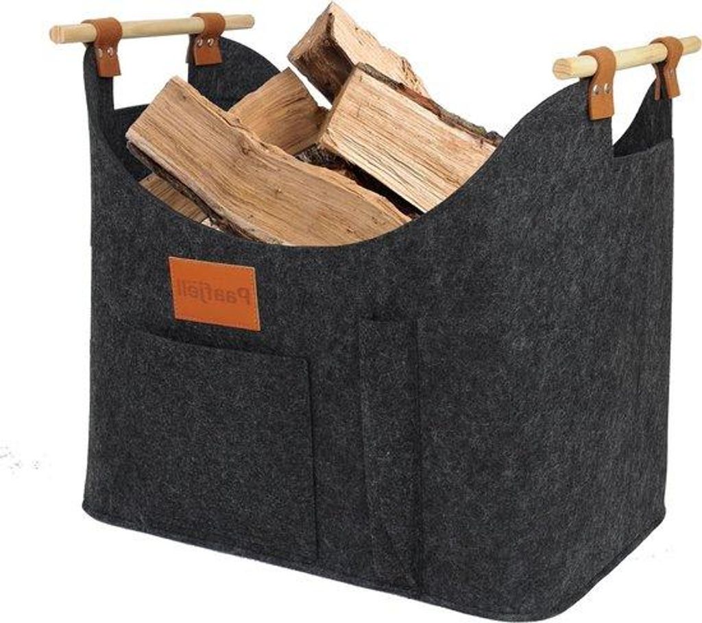 Grosse dunkelgraue Vilten-Korb mit verlängertem Holzgriff - großer multifunktionaler Vilten-Papierkorb aus Reisig